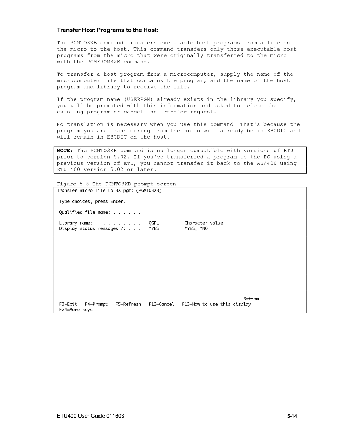 Nlynx ETU400 manual Transfer Host Programs to the Host, PGMTO3XB prompt screen 