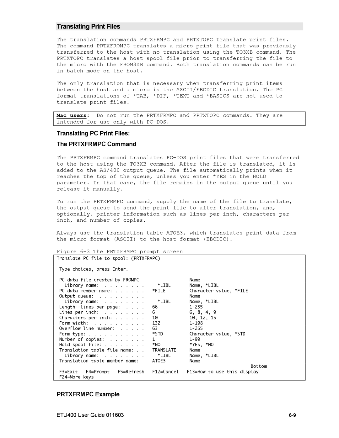 Nlynx ETU400 manual Translating Print Files, Translating PC Print Files Prtxfrmpc Command, Prtxfrmpc Example 