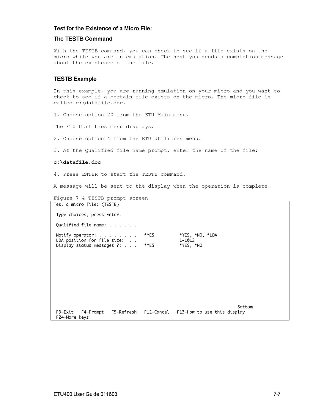 Nlynx ETU400 manual Test for the Existence of a Micro File Testb Command, Testb Example, datafile.doc 