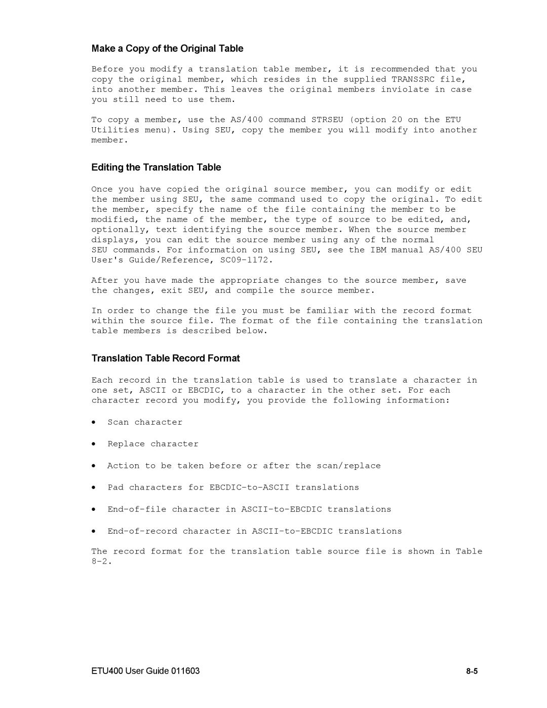 Nlynx ETU400 manual Make a Copy of the Original Table, Editing the Translation Table, Translation Table Record Format 