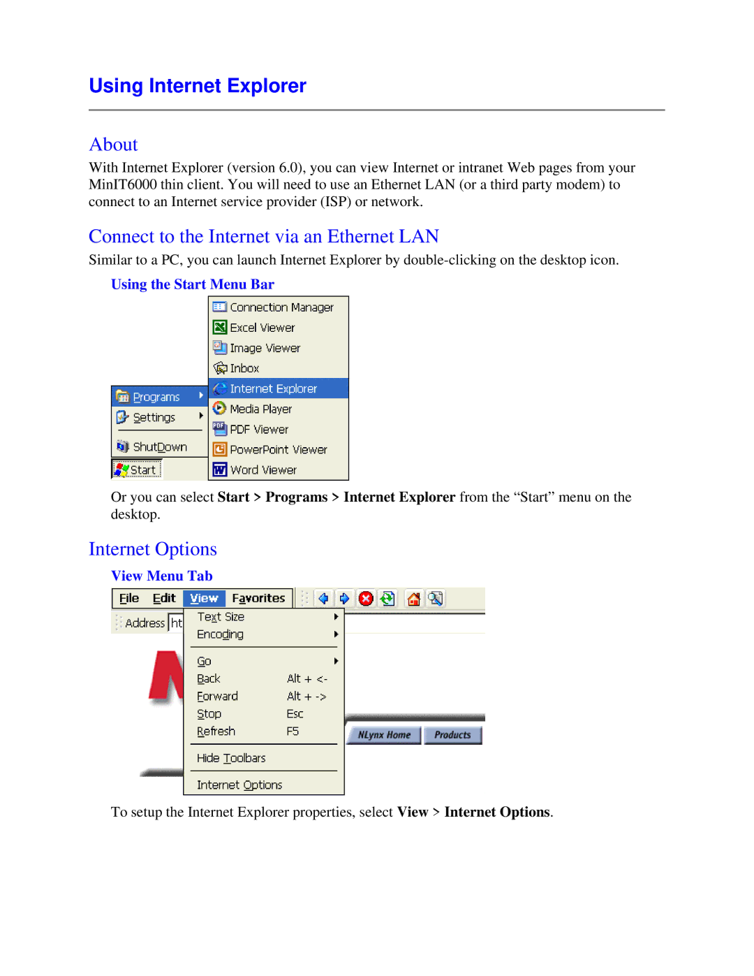 Nlynx MinIT6000 Using Internet Explorer, Connect to the Internet via an Ethernet LAN, Internet Options, View Menu Tab 