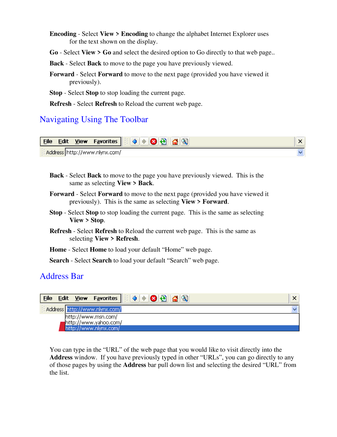 Nlynx MinIT6000 user manual Navigating Using The Toolbar, Address Bar 