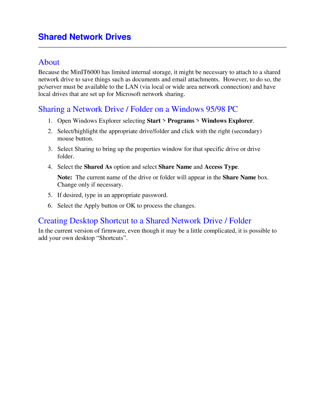 Nlynx MinIT6000 user manual Shared Network Drives, Sharing a Network Drive / Folder on a Windows 95/98 PC 