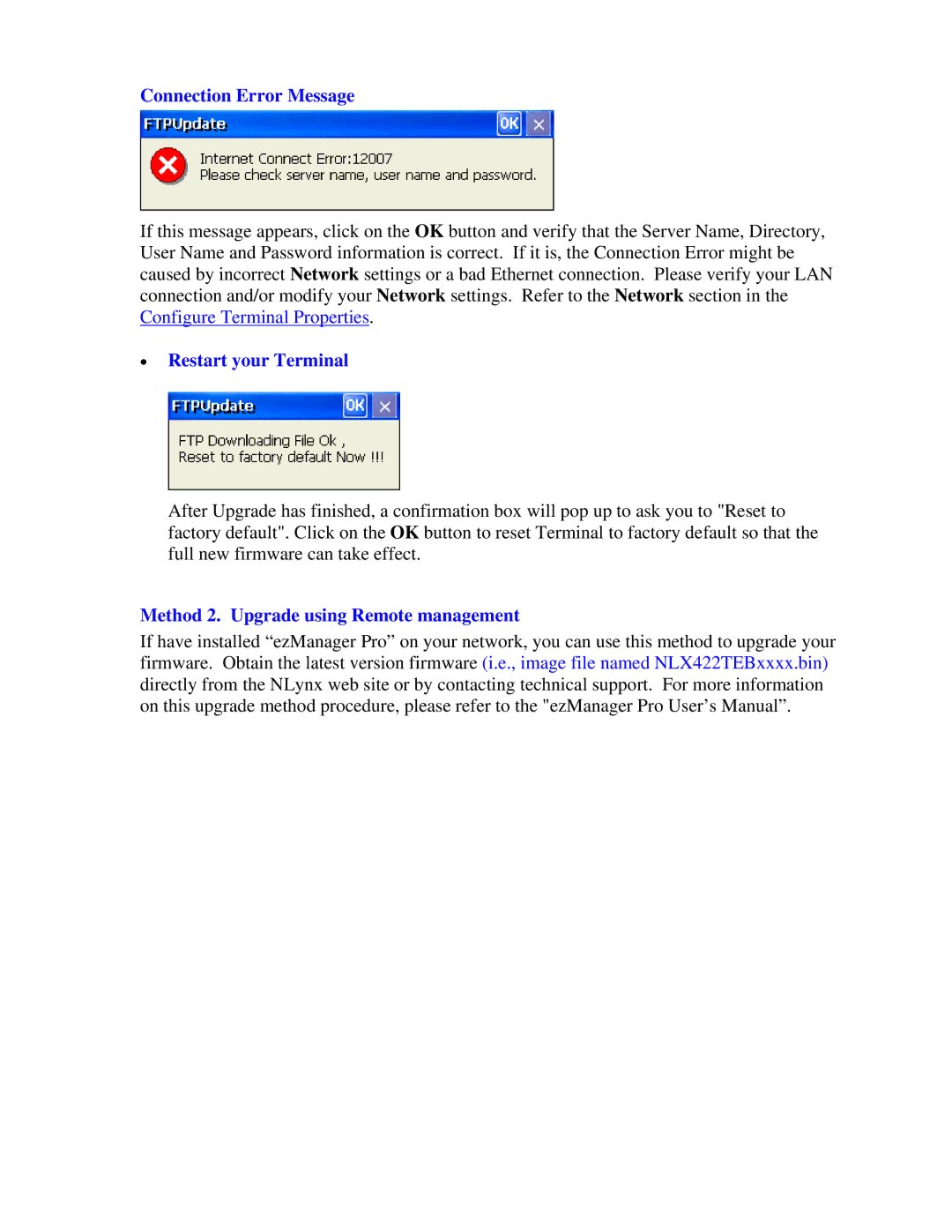 Nlynx MinIT6000 user manual Connection Error Message, Restart your Terminal, Method 2. Upgrade using Remote management 