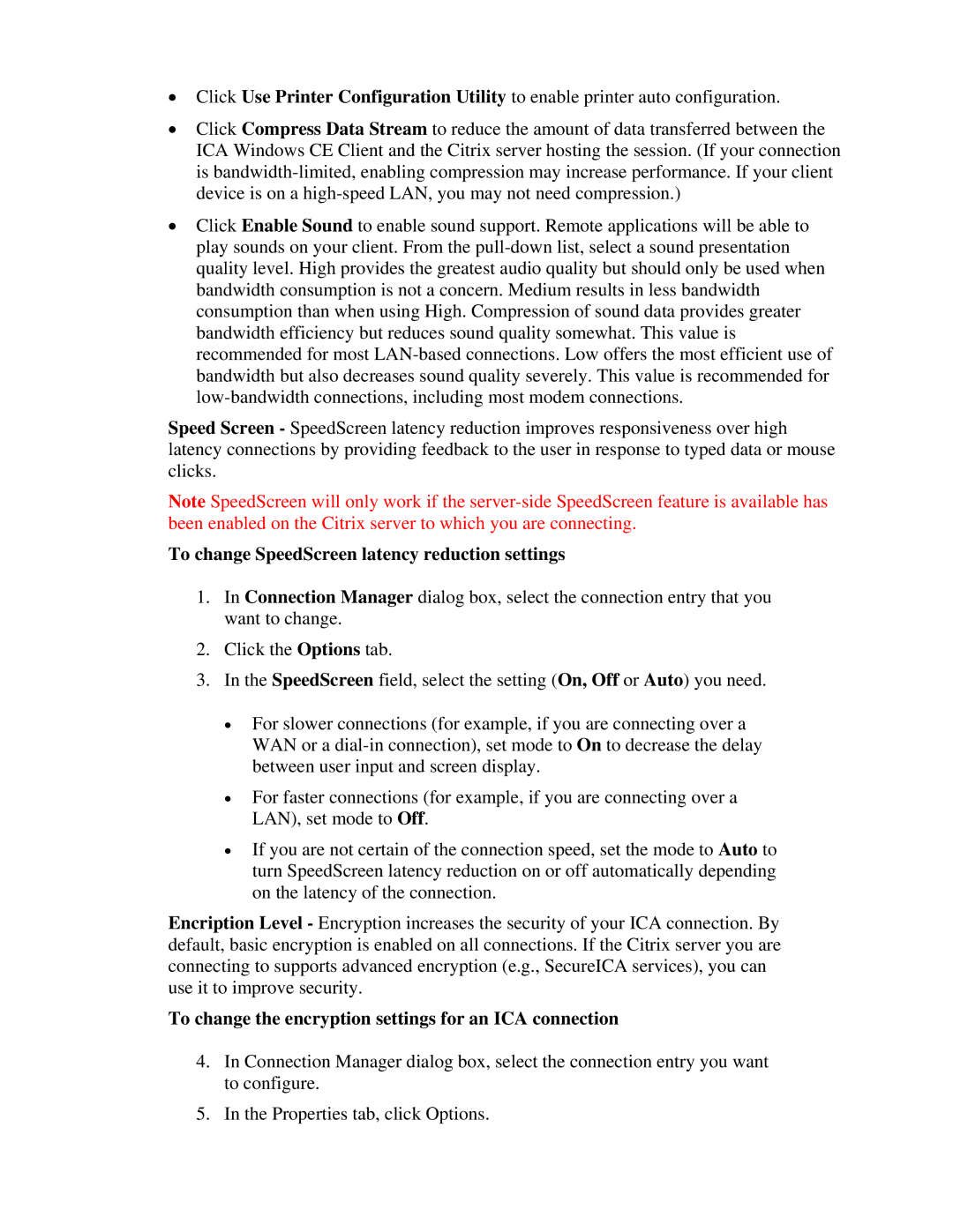 Nlynx MinIT6000 To change SpeedScreen latency reduction settings, To change the encryption settings for an ICA connection 