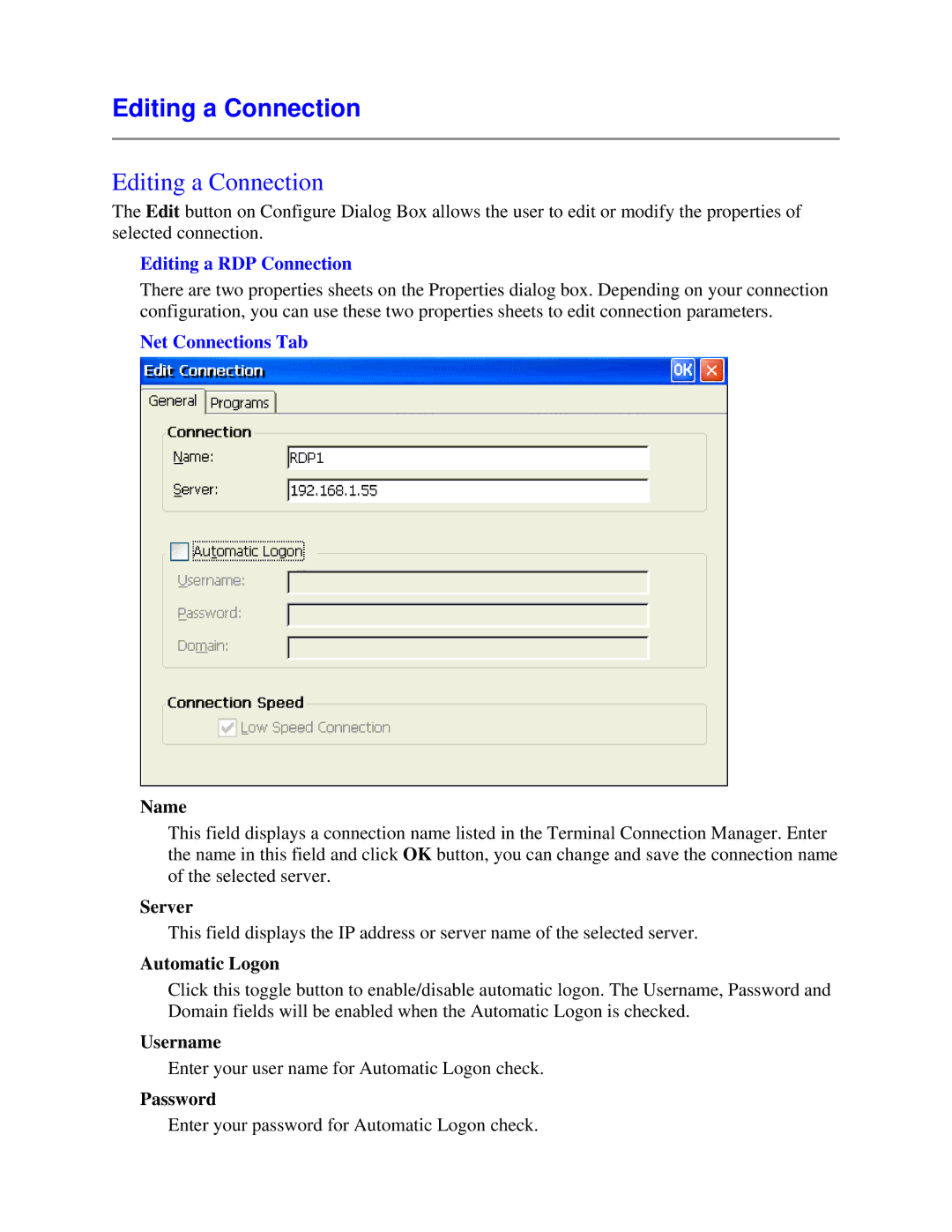 Nlynx MinIT6000 user manual Editing a Connection, Editing a RDP Connection, Net Connections Tab 