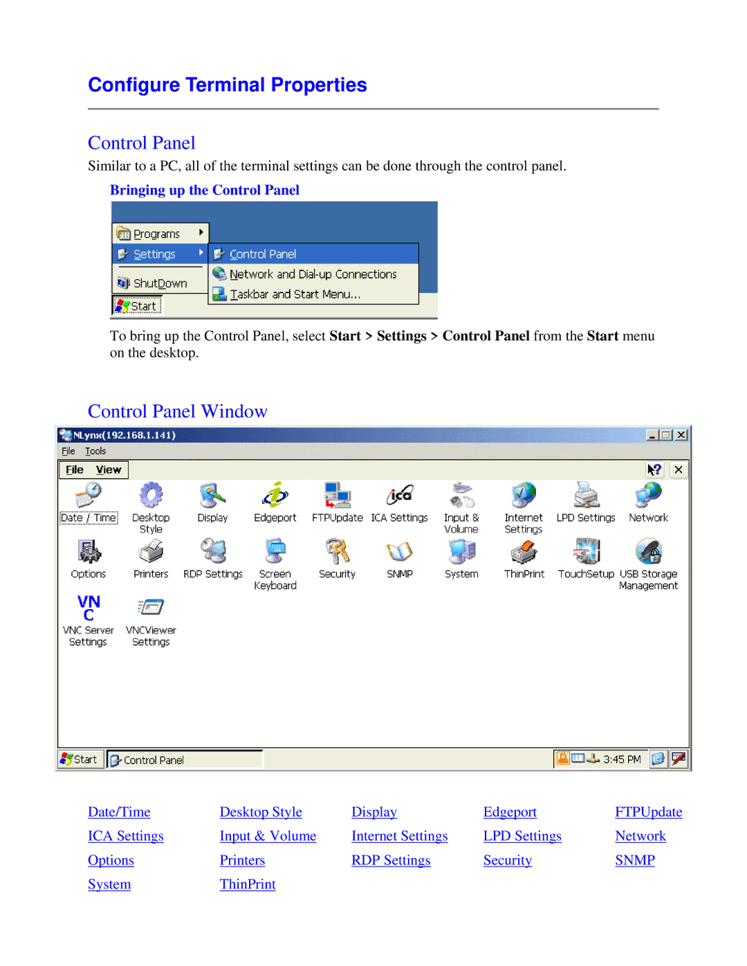 Nlynx MinIT6000 user manual Configure Terminal Properties, Control Panel Window, Bringing up the Control Panel 