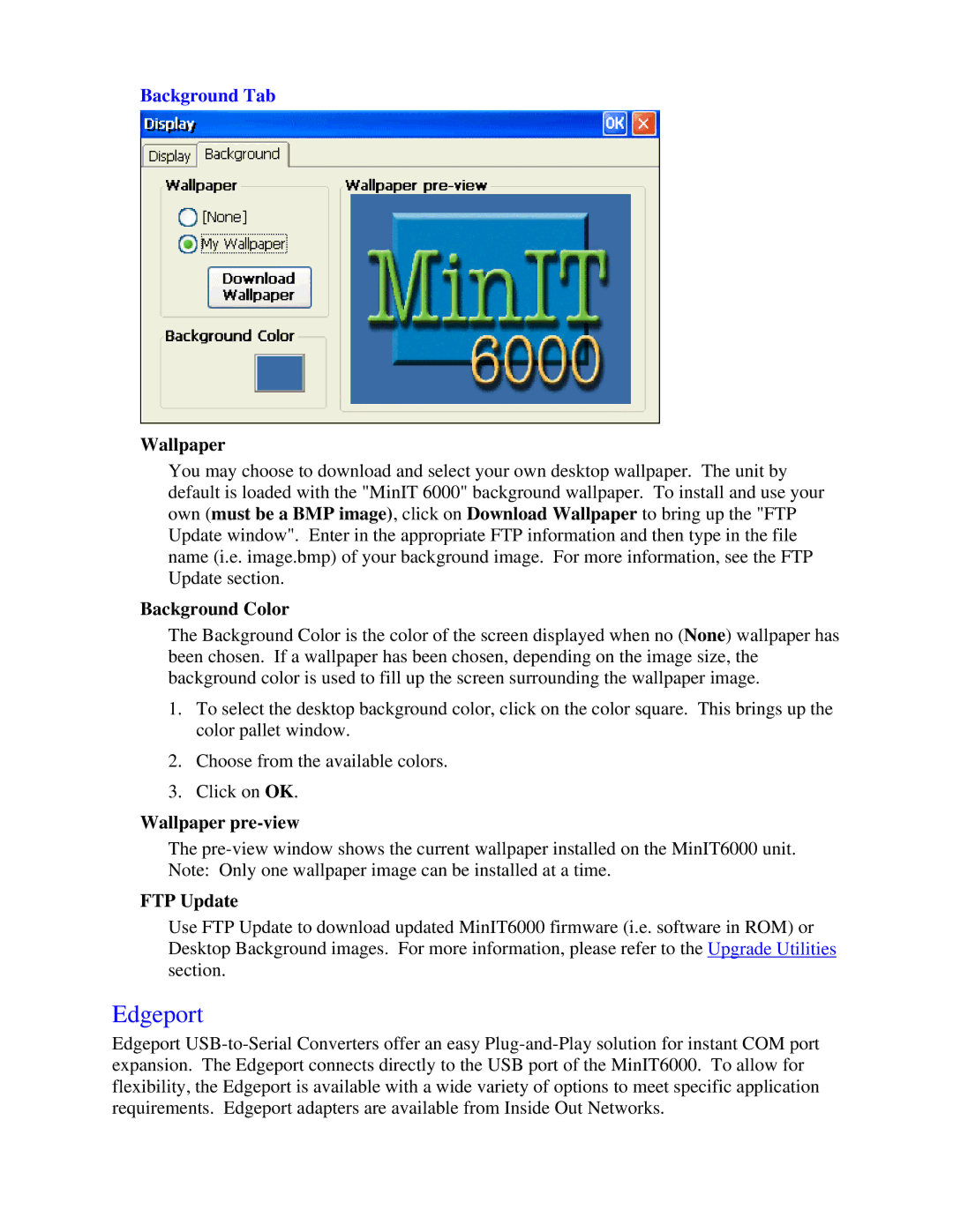 Nlynx MinIT6000 user manual Edgeport, Background Tab 