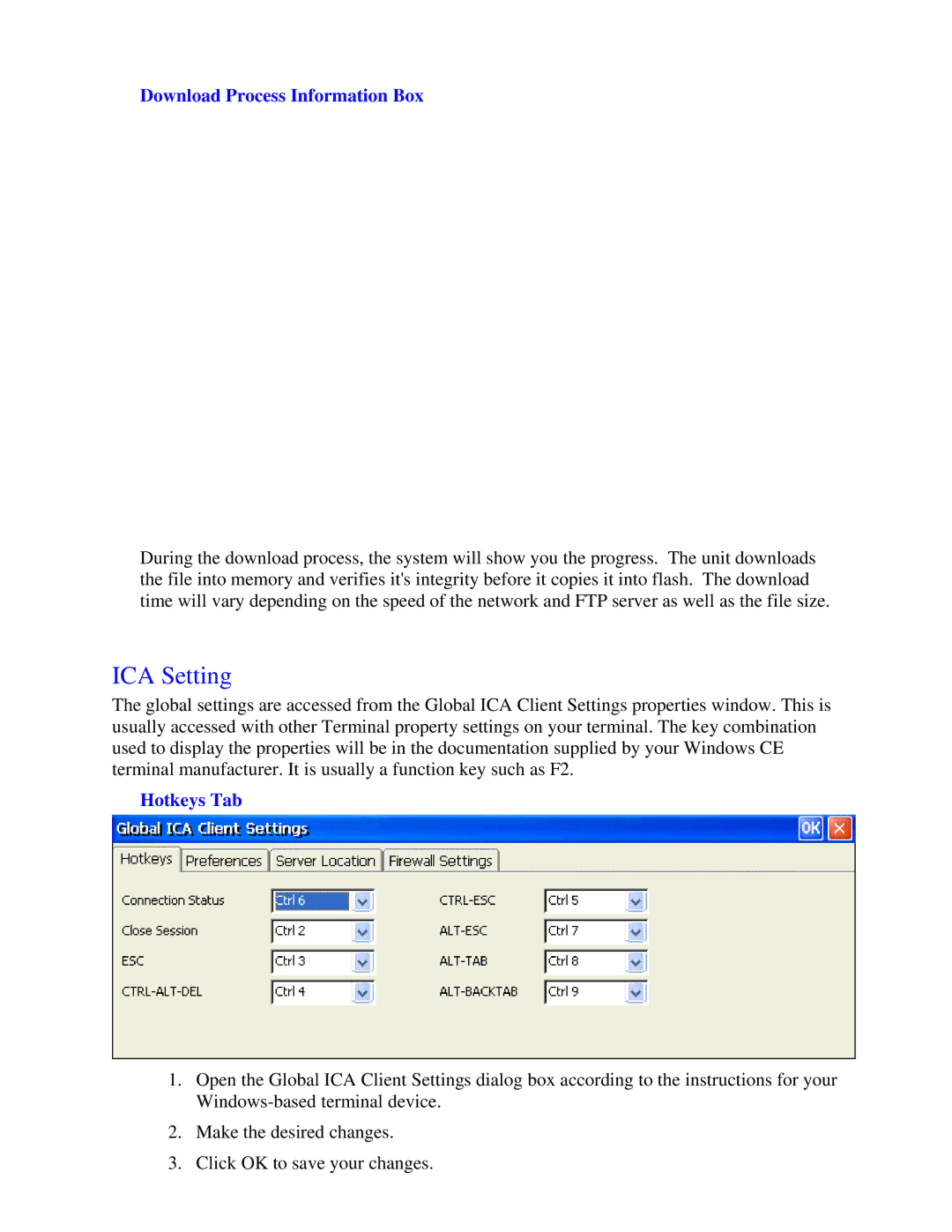 Nlynx MinIT6000 user manual ICA Setting, Download Process Information Box, Hotkeys Tab 