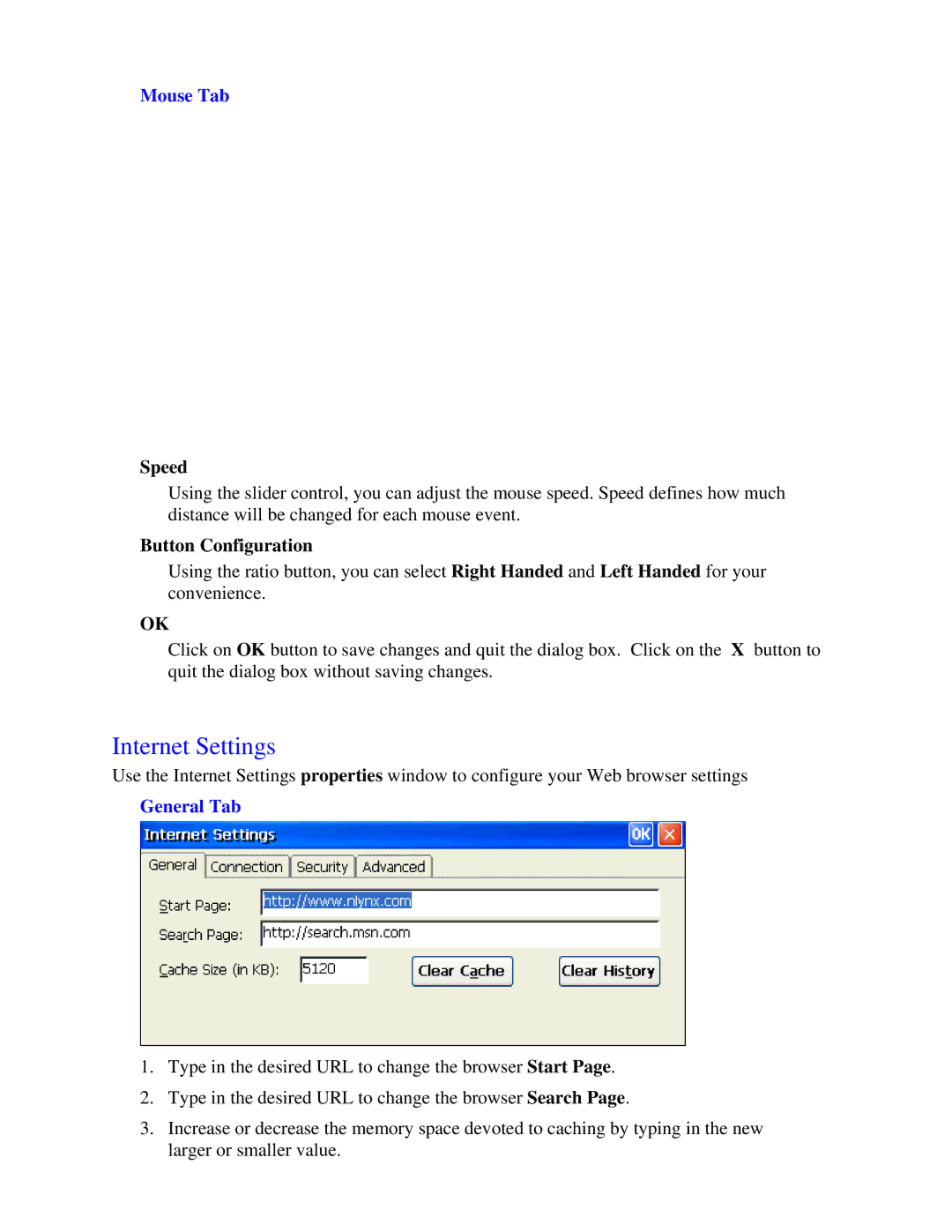 Nlynx MinIT6000 user manual Internet Settings, Mouse Tab, Speed, Button Configuration, General Tab 