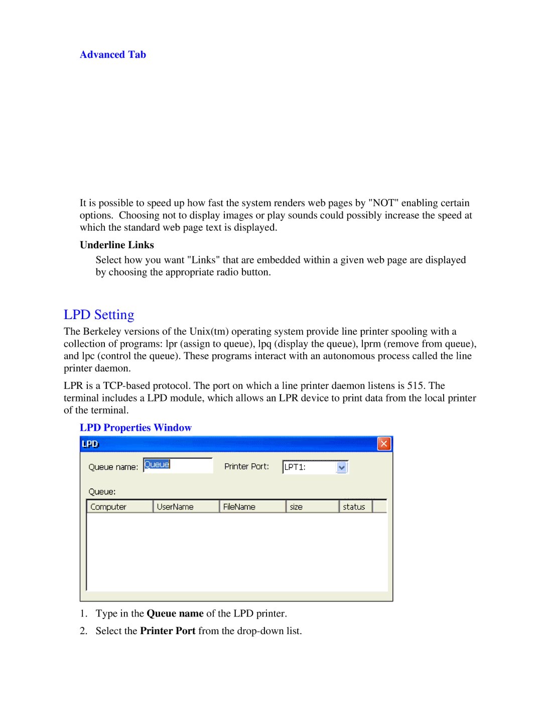 Nlynx MinIT6000 user manual LPD Setting, Advanced Tab, Underline Links, LPD Properties Window 