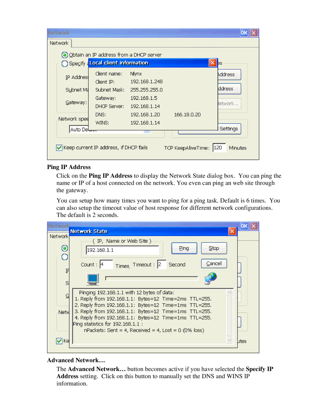 Nlynx MinIT6000 user manual Ping IP Address, Advanced Network… 