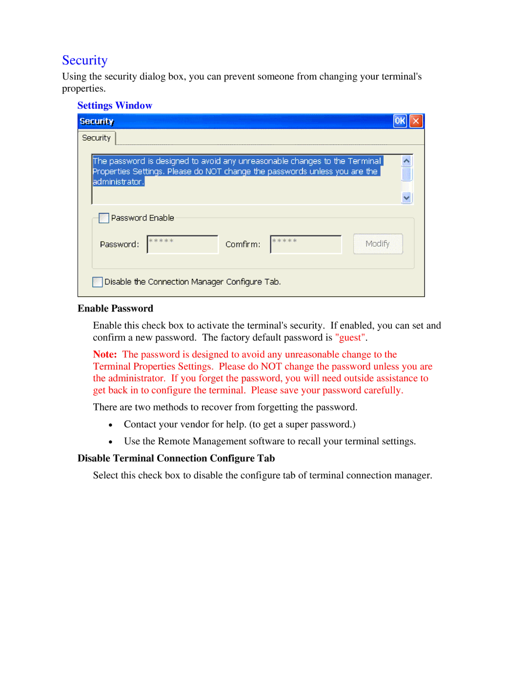 Nlynx MinIT6000 user manual Security, Settings Window, Enable Password, Disable Terminal Connection Configure Tab 