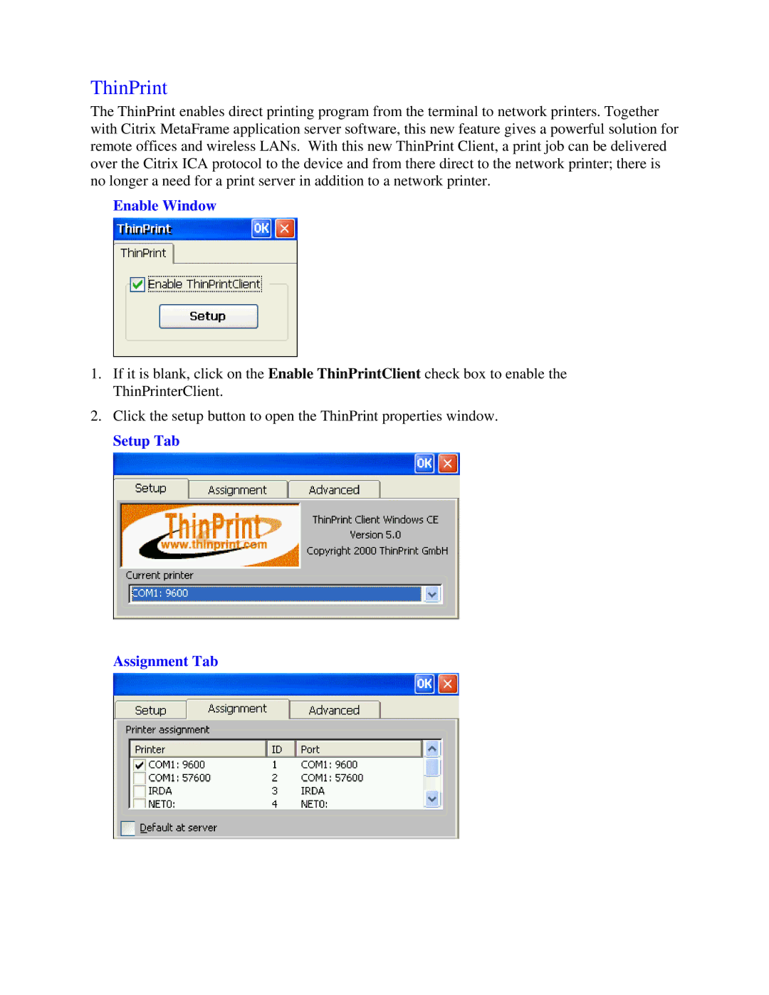 Nlynx MinIT6000 user manual ThinPrint, Enable Window, Setup Tab Assignment Tab 