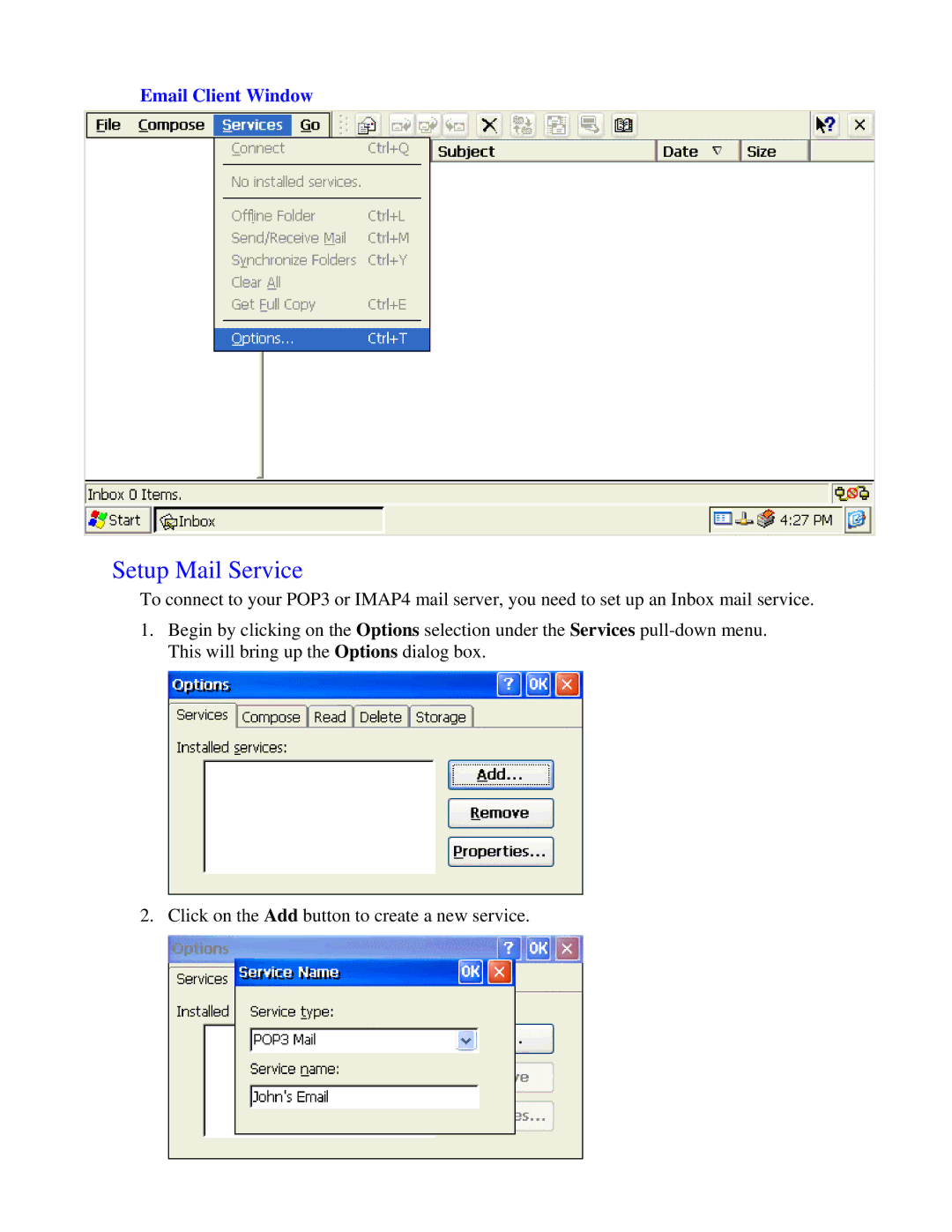 Nlynx MinIT6000 user manual Setup Mail Service, Email Client Window 