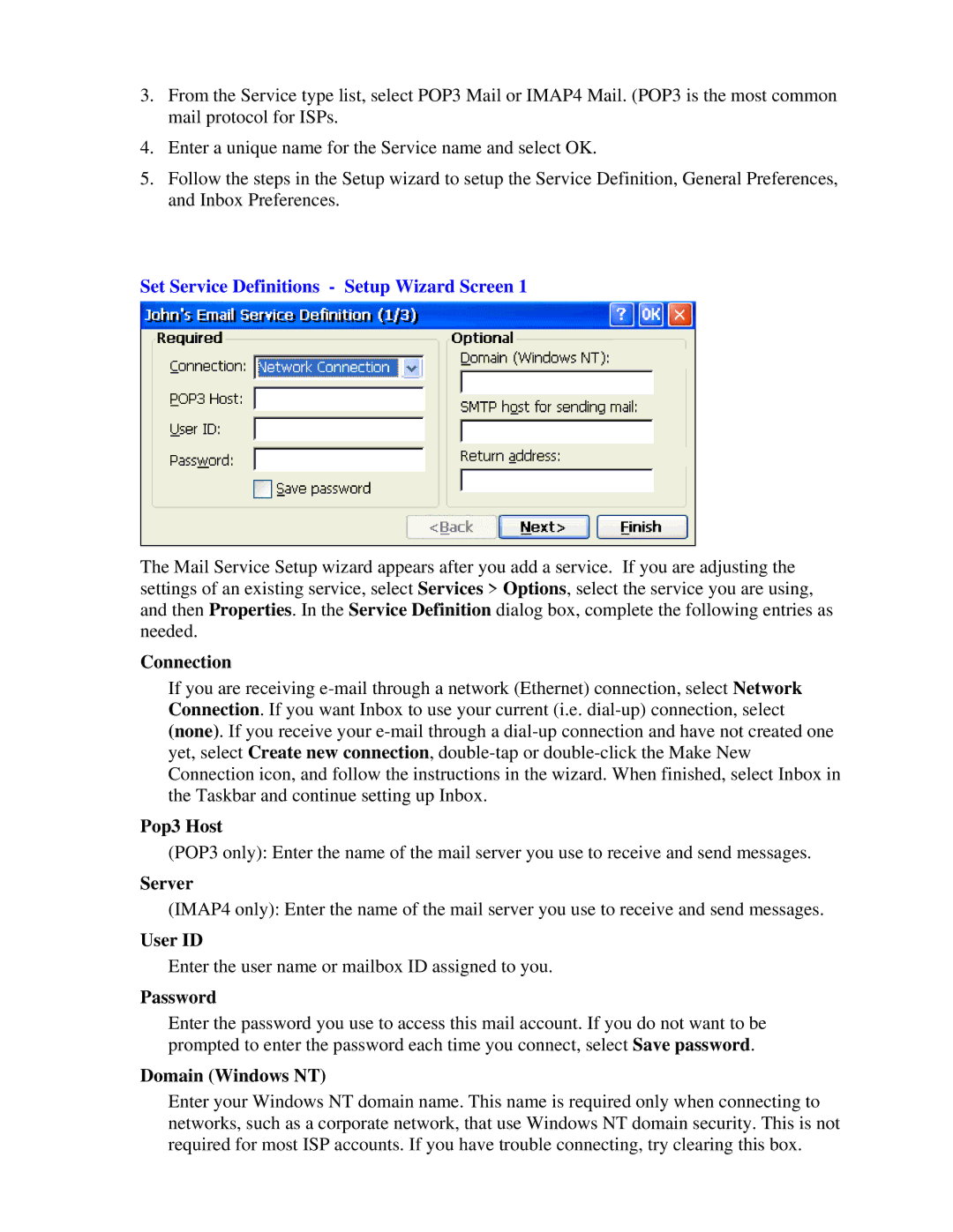 Nlynx MinIT6000 user manual Set Service Definitions Setup Wizard Screen, Connection, Pop3 Host, User ID, Domain Windows NT 