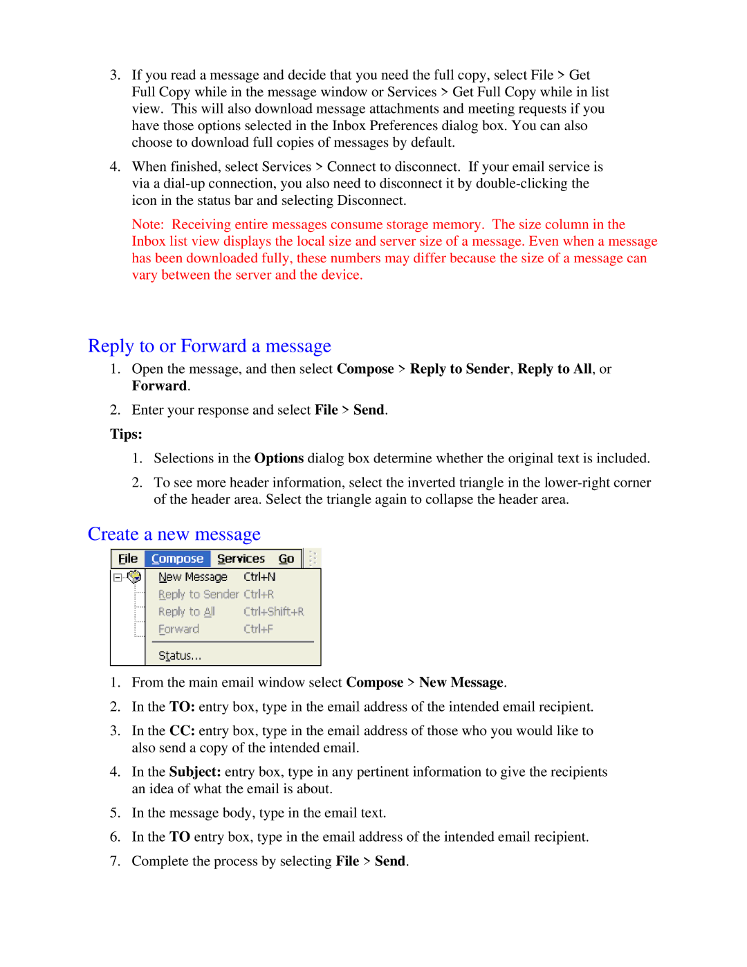 Nlynx MinIT6000 user manual Reply to or Forward a message, Create a new message, Tips 