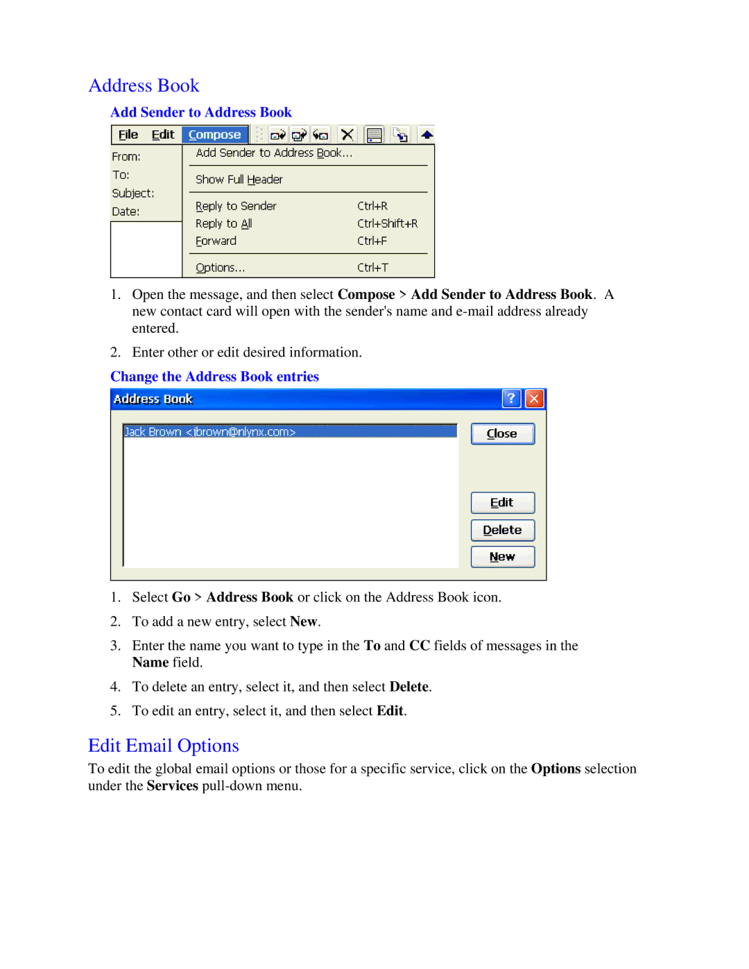 Nlynx MinIT6000 user manual Edit Email Options, Add Sender to Address Book, Change the Address Book entries 