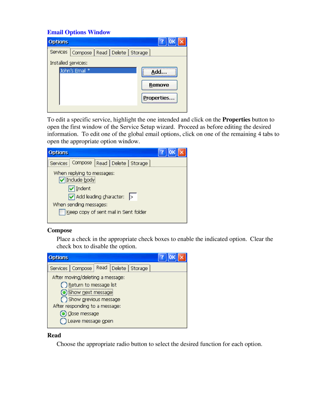 Nlynx MinIT6000 user manual Email Options Window, Compose, Read 