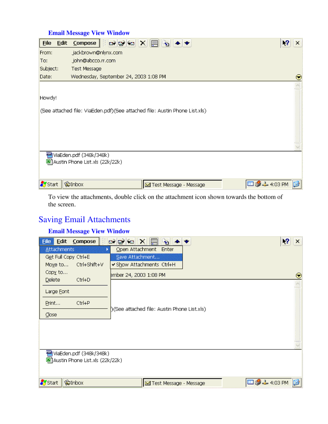 Nlynx MinIT6000 user manual Saving Email Attachments, Email Message View Window 