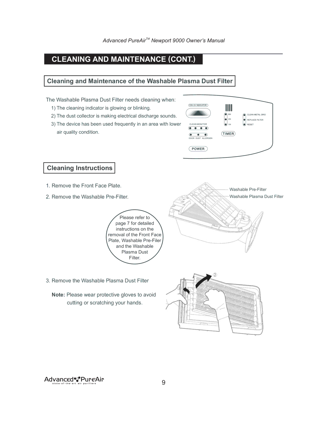 Nlynx NEWPORT 9000 owner manual Cleaning and Maintenance of the Washable Plasma Dust Filter, Remove the Front Face Plate 