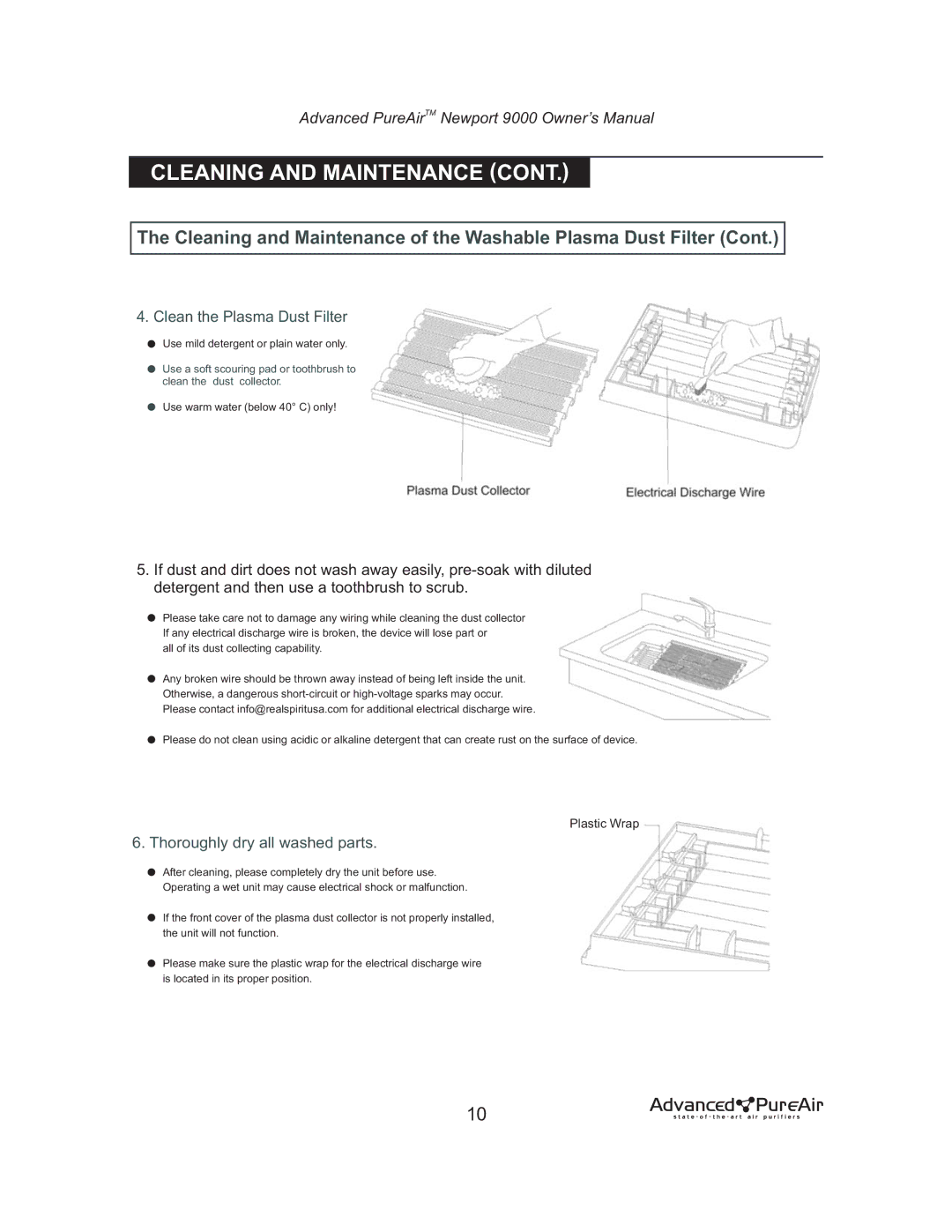 Nlynx NEWPORT 9000 owner manual Clean the Plasma Dust Filter, Thoroughly dry all washed parts 