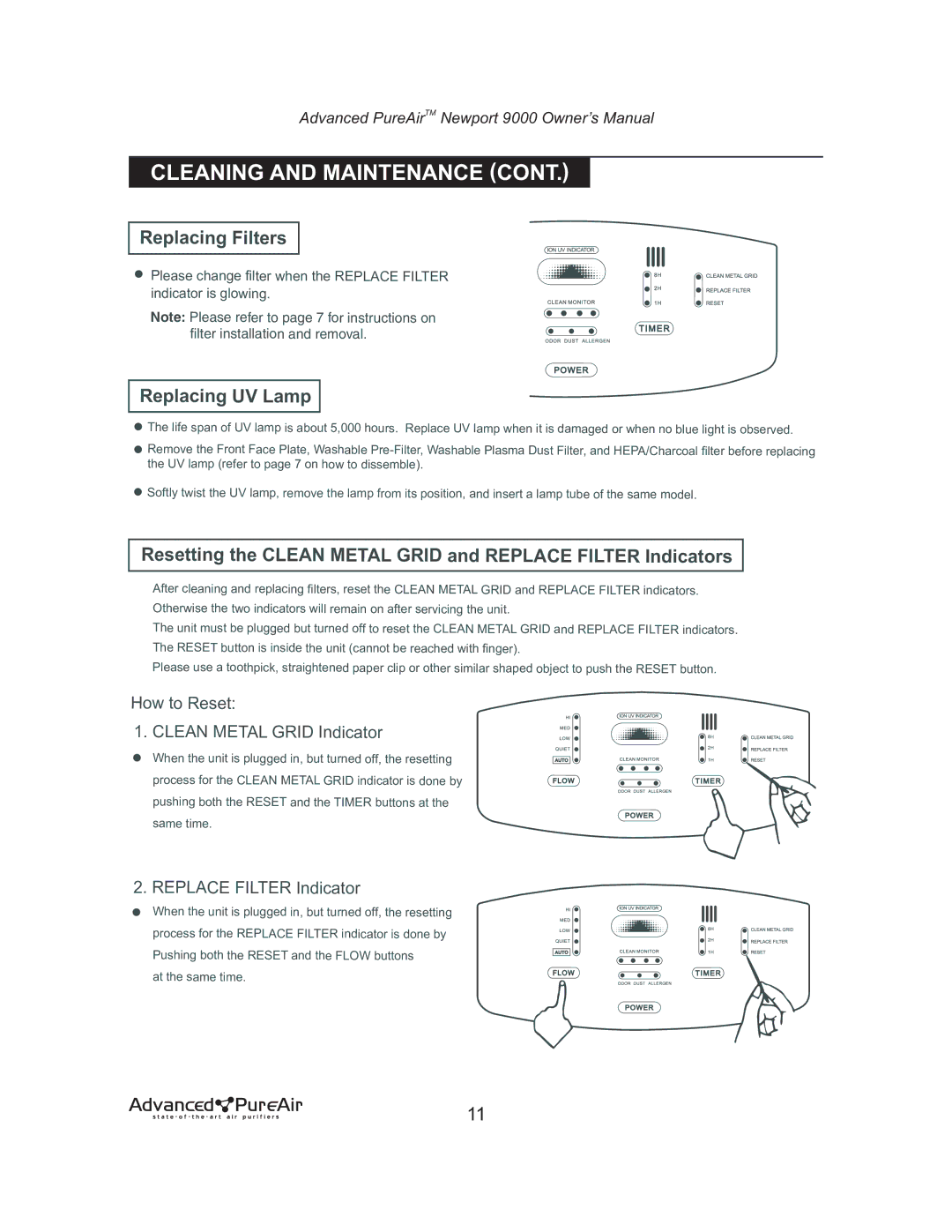 Nlynx NEWPORT 9000 owner manual Replacing Filters, Replacing UV Lamp 