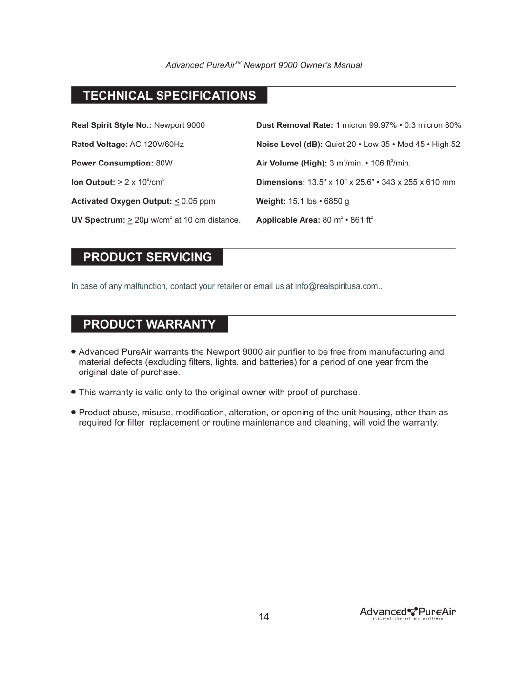 Nlynx NEWPORT 9000 owner manual Technical Specifications, Product Servicing, Product Warranty 