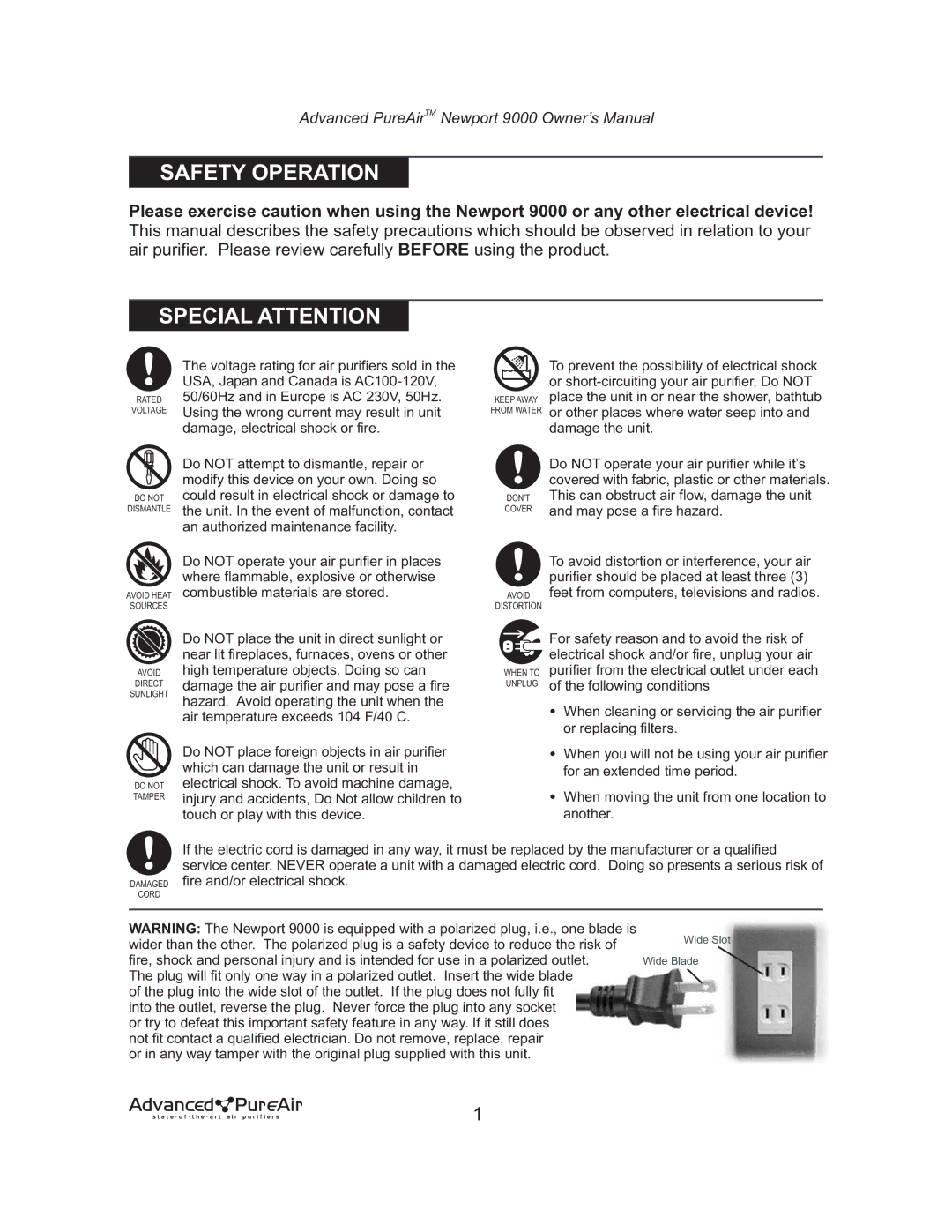 Nlynx NEWPORT 9000 owner manual Safety Operation, Special Attention 