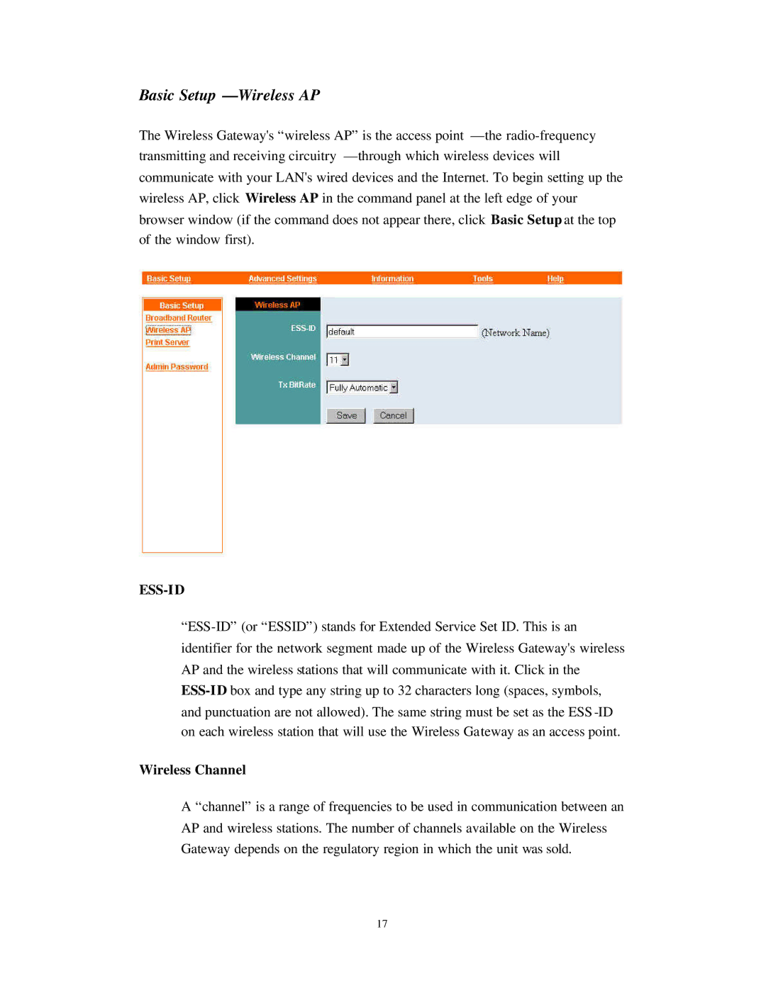 Nlynx Wireless Gateway manual Basic Setup Wireless AP, Wireless Channel 