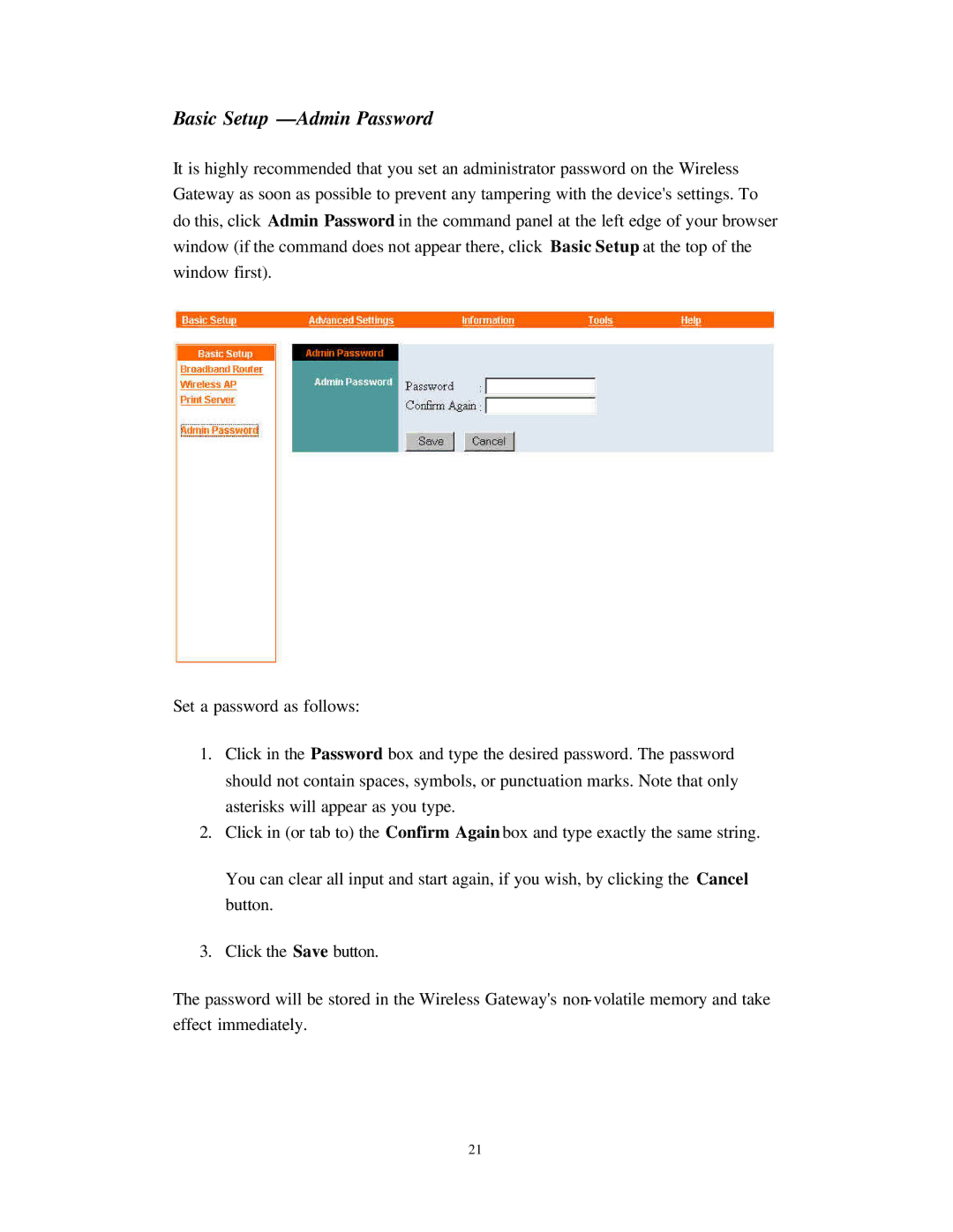 Nlynx Wireless Gateway manual Basic Setup Admin Password 