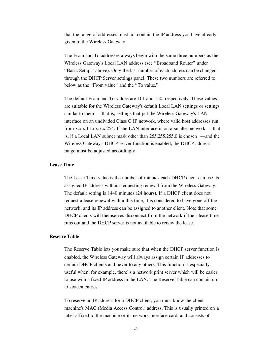 Nlynx Wireless Gateway manual Lease Time, Reserve Table 