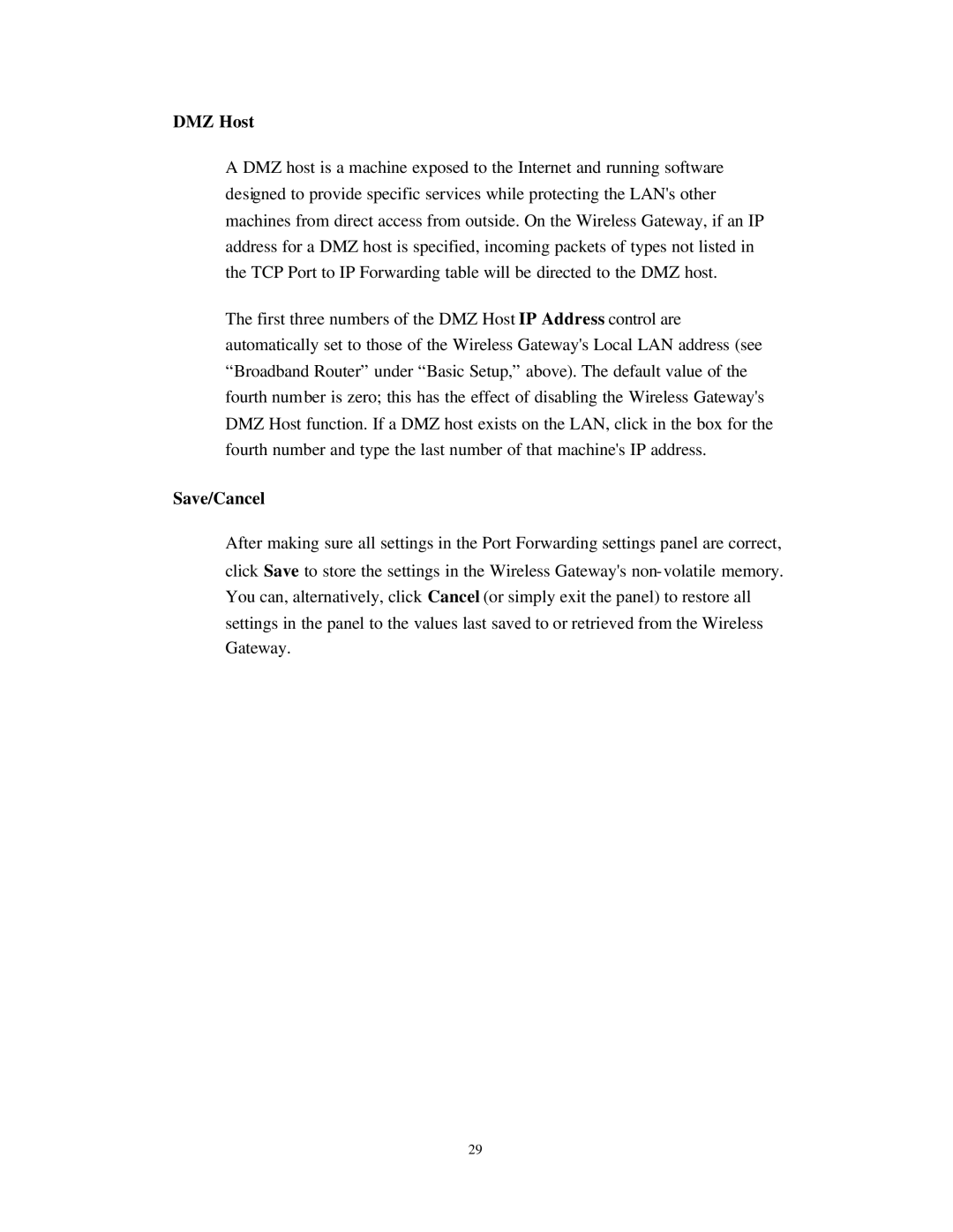 Nlynx Wireless Gateway manual DMZ Host, Save/Cancel 