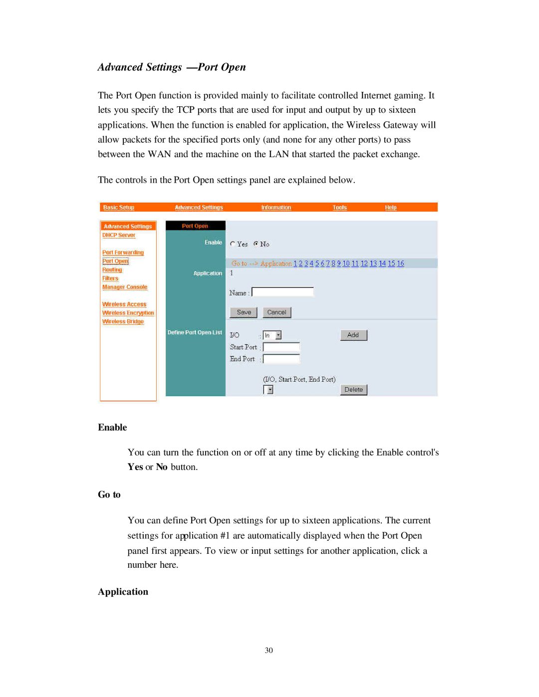 Nlynx Wireless Gateway manual Advanced Settings Port Open, Go to, Application 