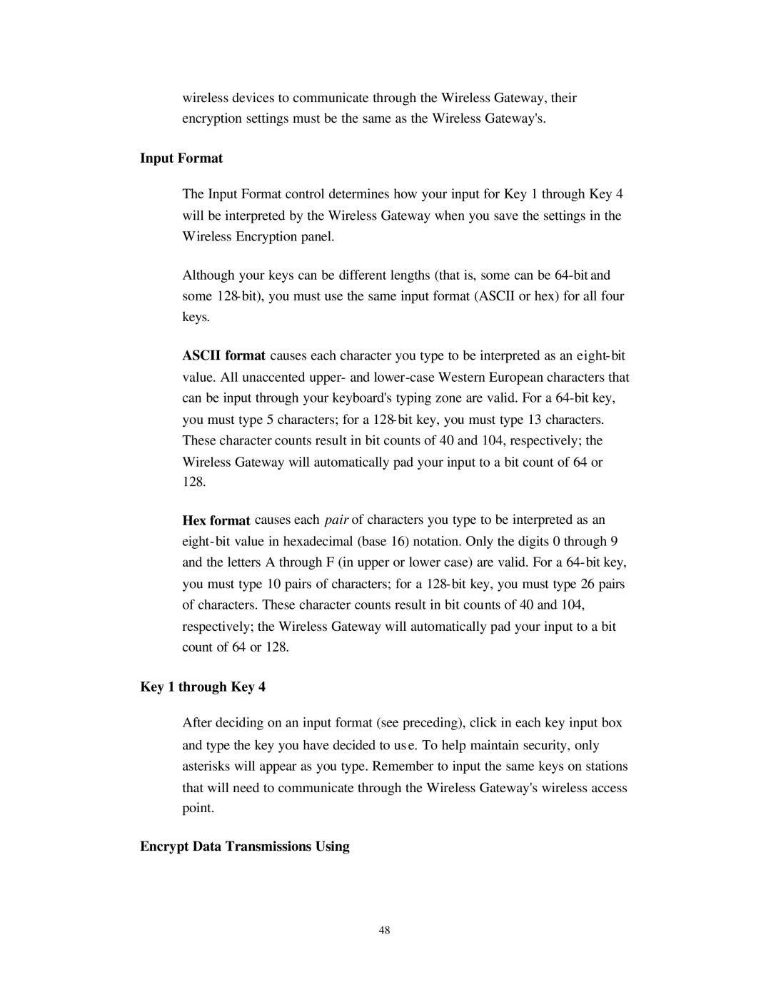 Nlynx Wireless Gateway manual Input Format, Key 1 through Key, Encrypt Data Transmissions Using 