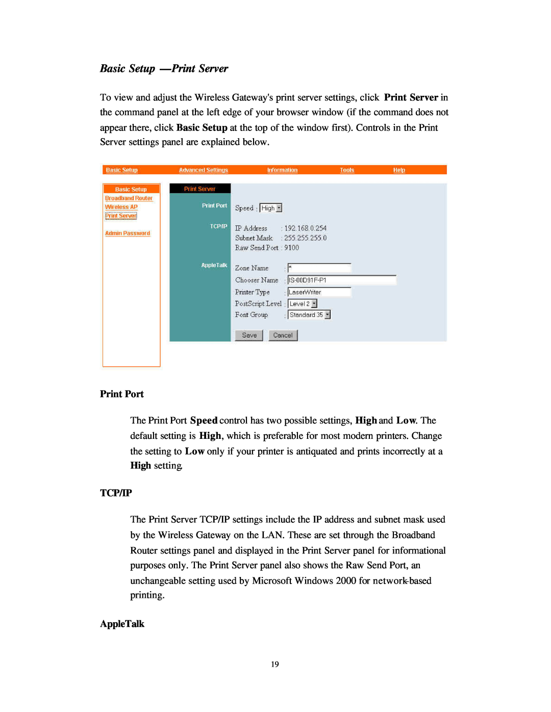 Nlynx Wireless Gateway manual Basic Setup - Print Server, Print Port, Tcp/Ip, AppleTalk 
