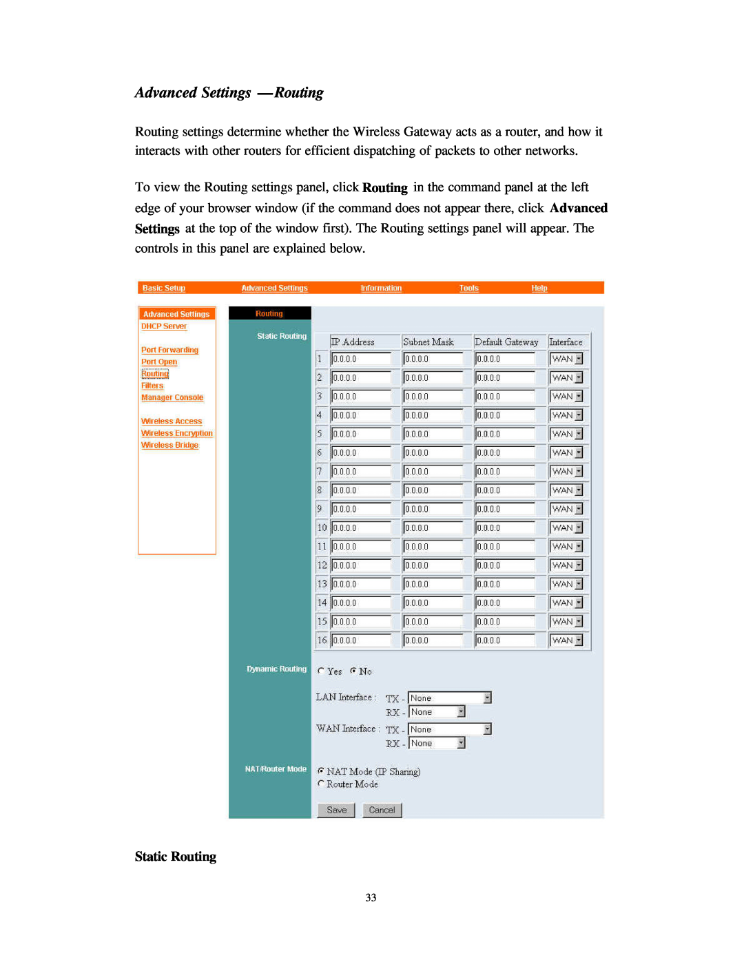 Nlynx Wireless Gateway manual Advanced Settings - Routing, Static Routing 