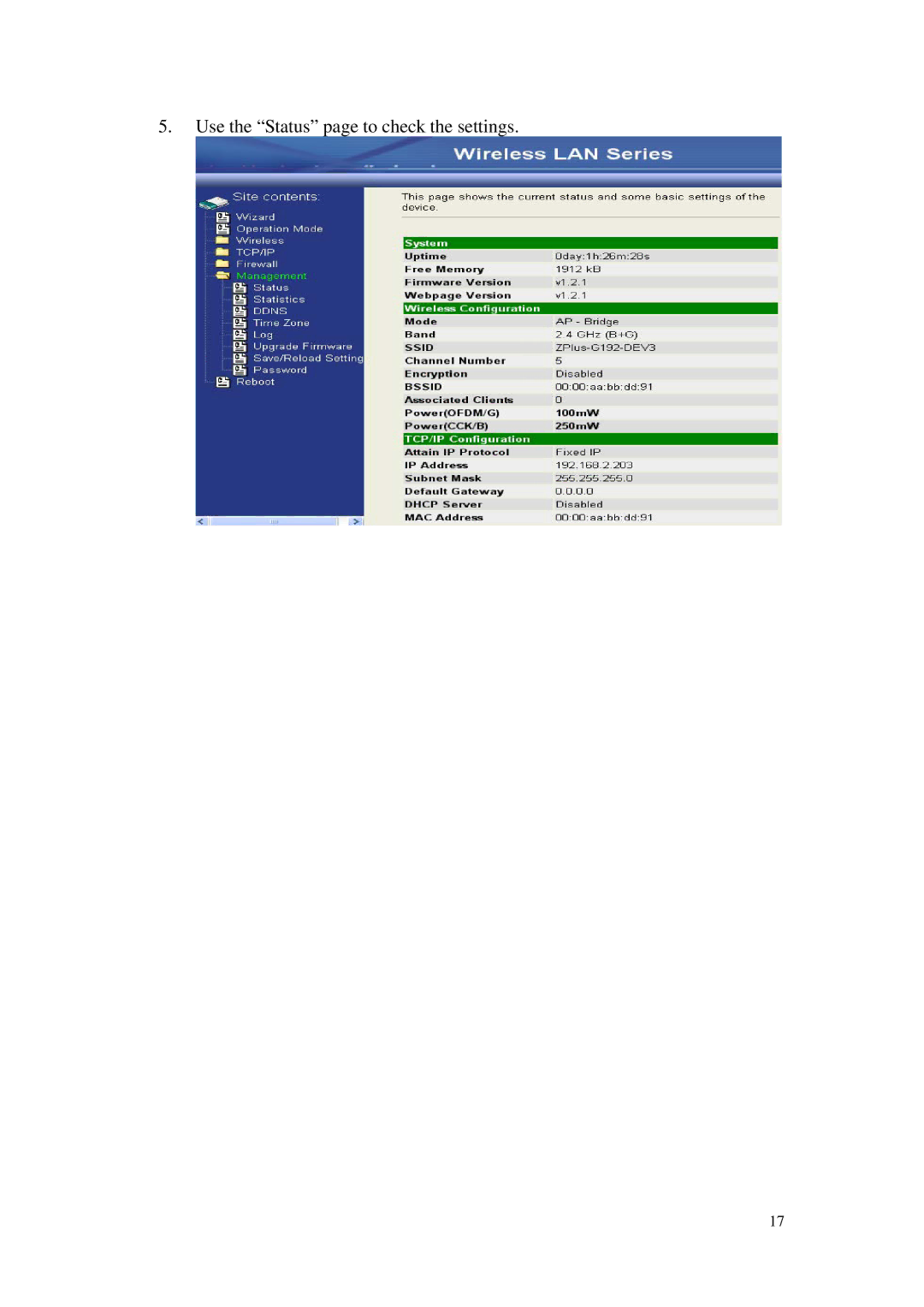 Nlynx ZWA-G120 user manual Use the Status page to check the settings 