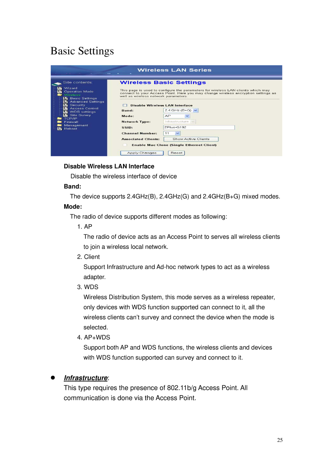 Nlynx ZWA-G120 user manual Disable Wireless LAN Interface, Band, Mode 