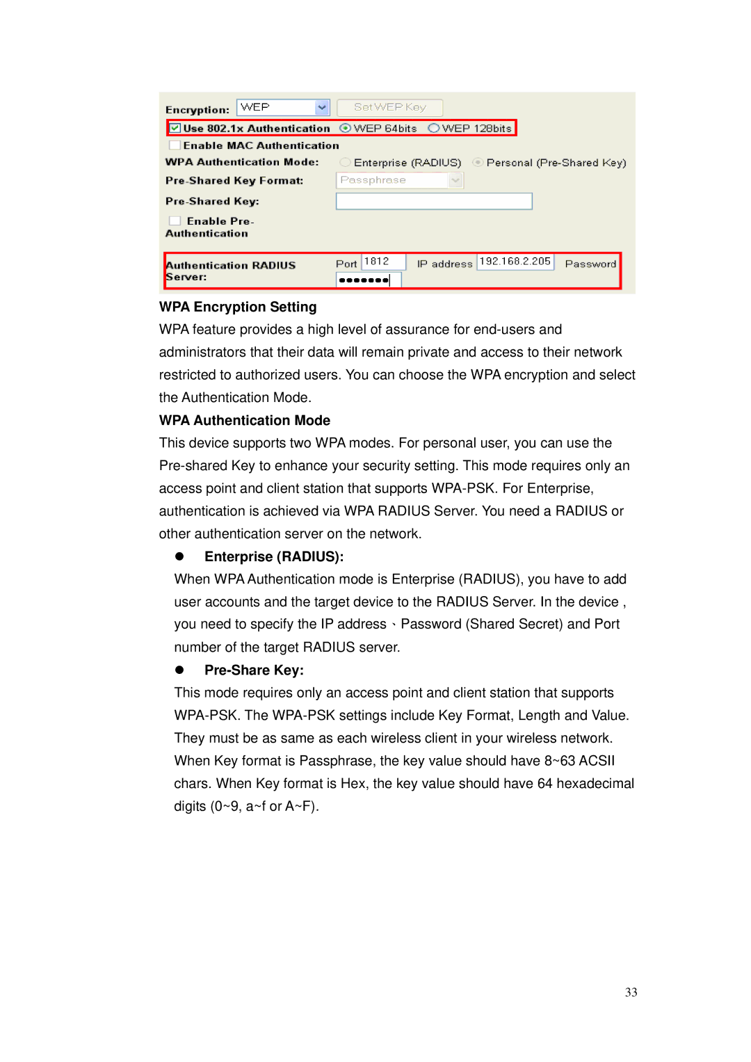 Nlynx ZWA-G120 user manual WPA Encryption Setting, WPA Authentication Mode, Enterprise Radius, Pre-Share Key 