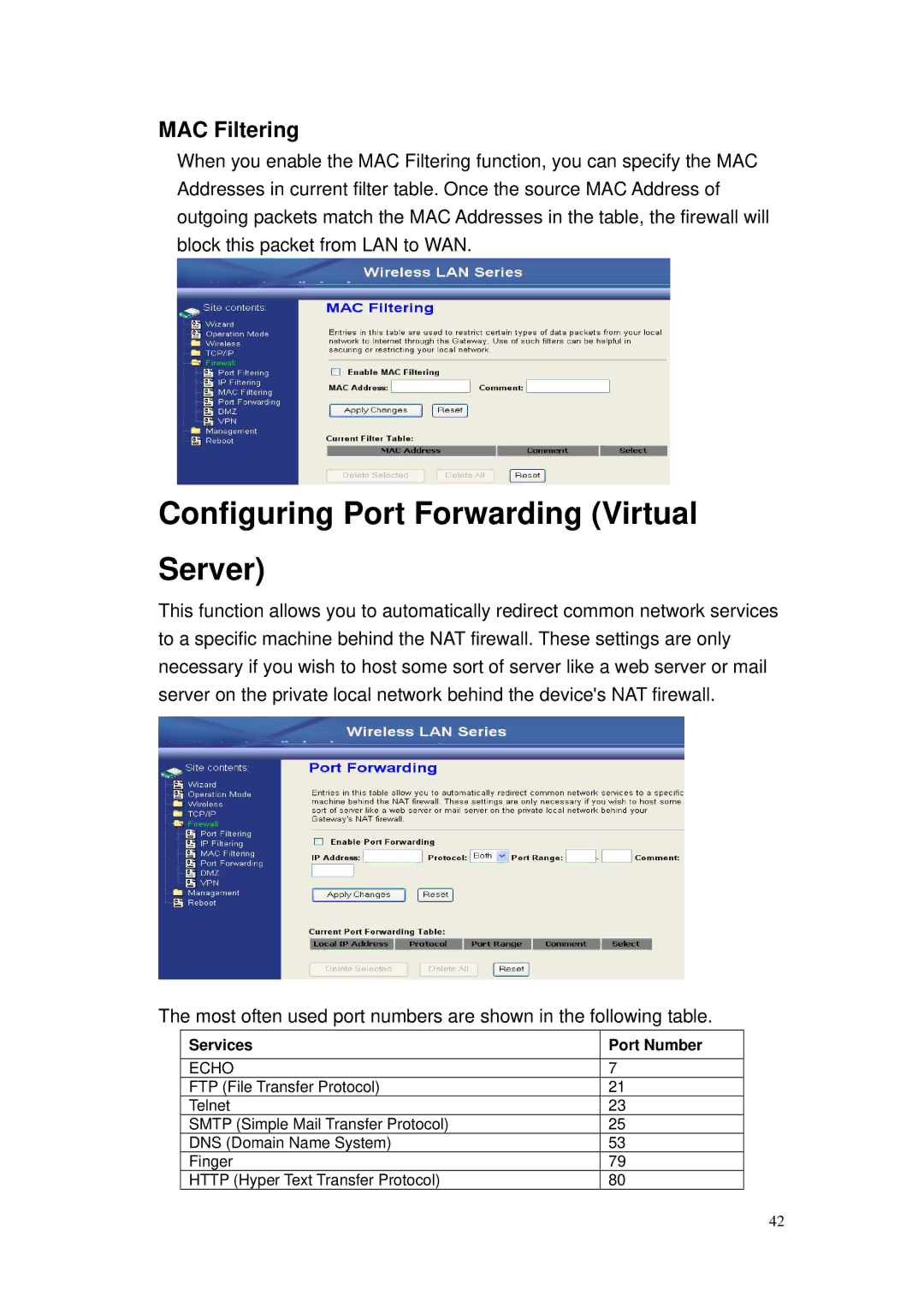 Nlynx ZWA-G120 user manual Configuring Port Forwarding Virtual Server, MAC Filtering 