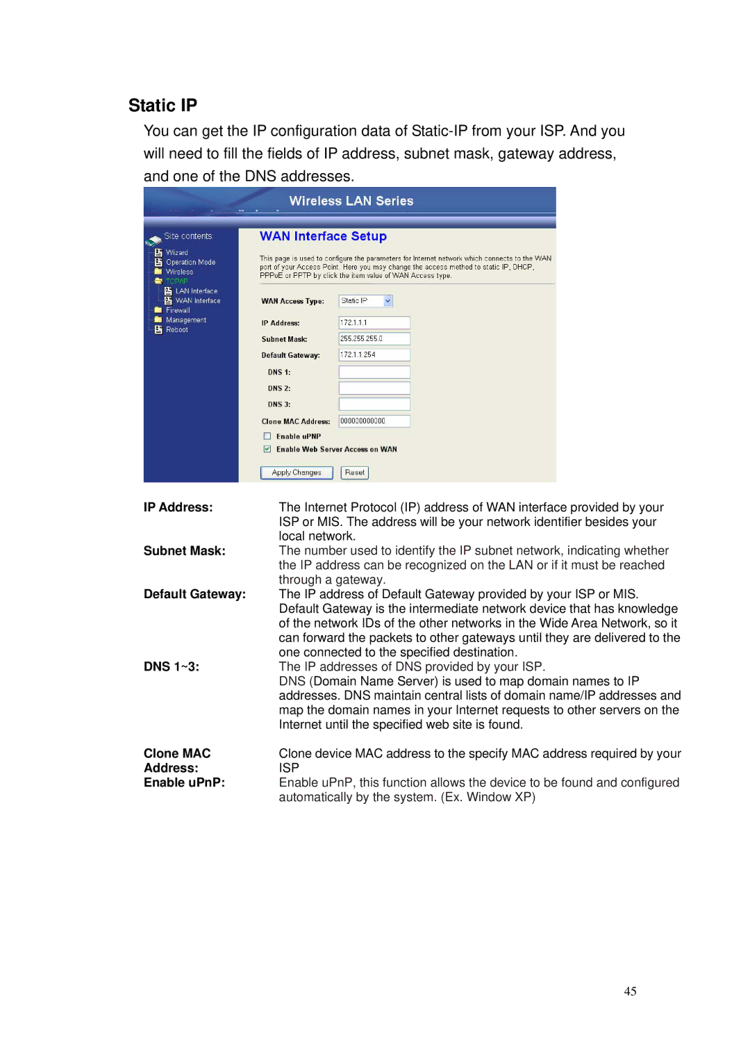 Nlynx ZWA-G120 user manual Static IP, IP Address 