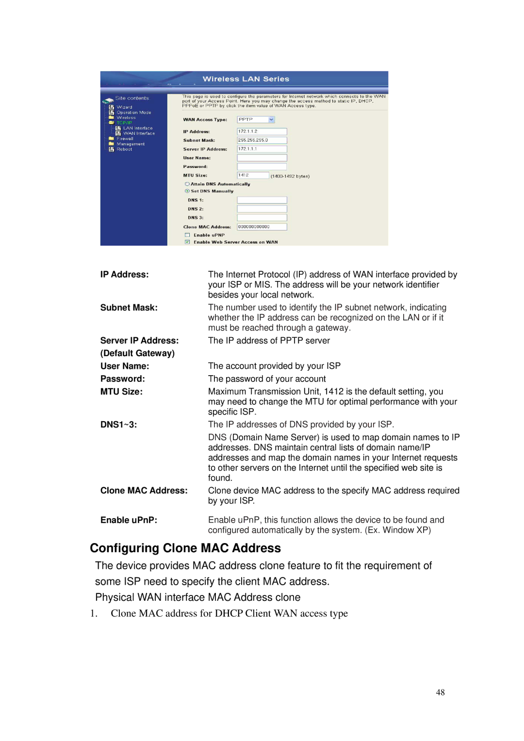 Nlynx ZWA-G120 user manual Configuring Clone MAC Address, MTU Size 