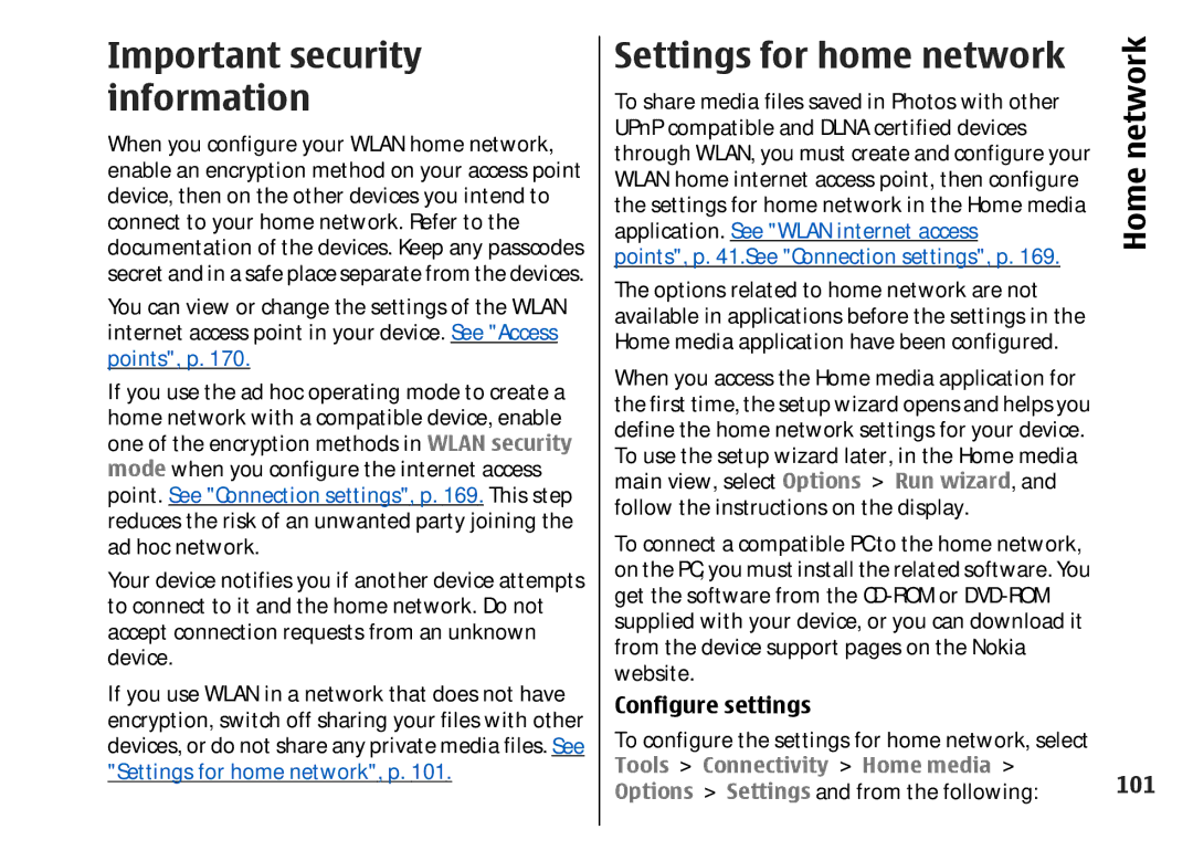 Nokia 002F4W8 manual Important security information, Settings for home network, Configure settings, 101 
