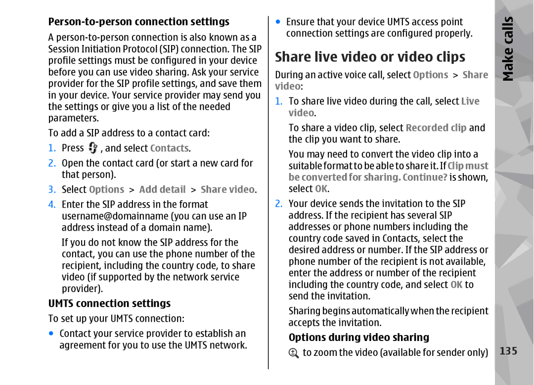 Nokia 002F4W8 manual Share live video or video clips, Person-to-person connection settings, Umts connection settings, 135 