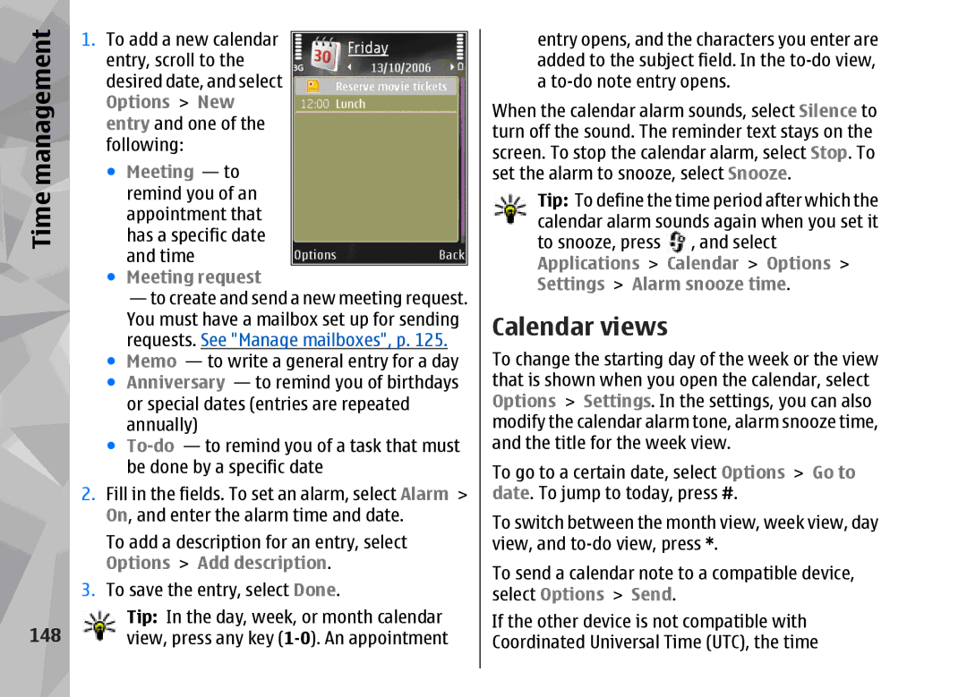 Nokia 002F4W8 manual Calendar views, Management, 148 