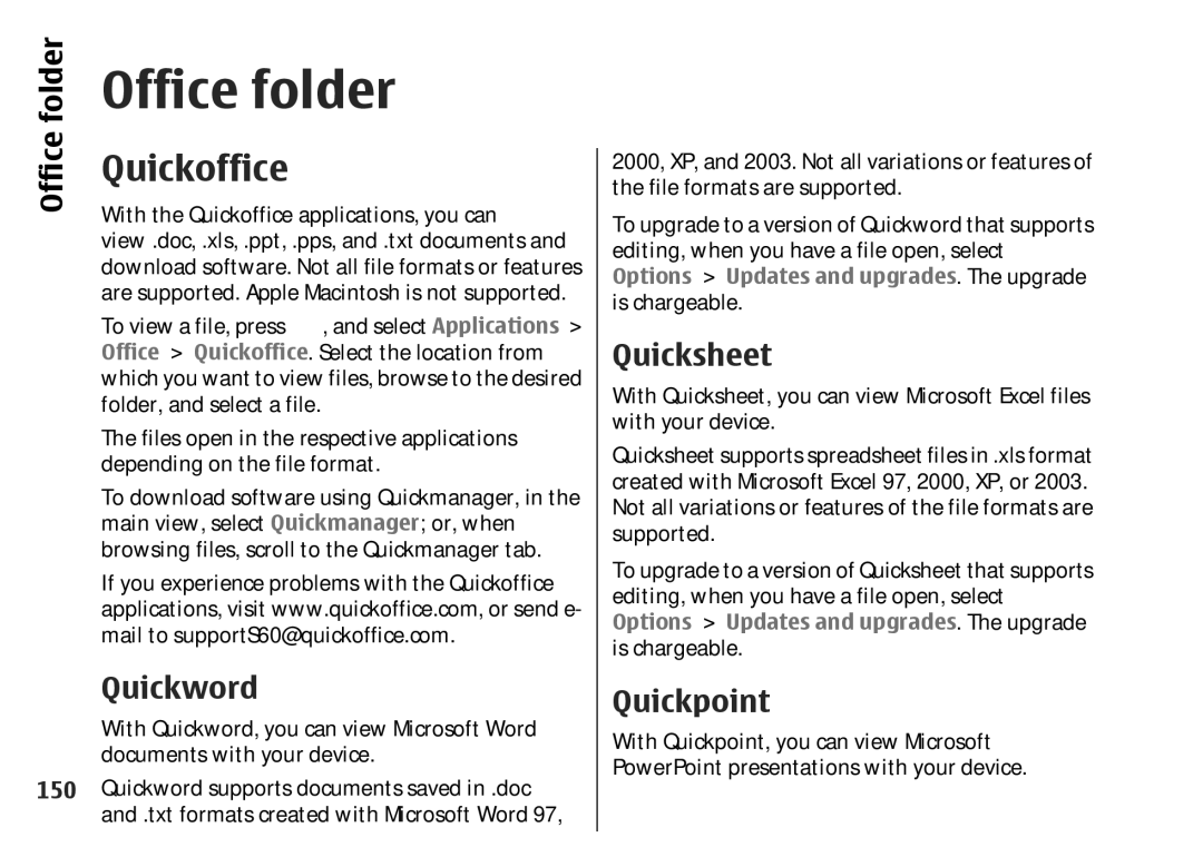 Nokia 002F4W8 manual Office folder, Quickoffice, Quickword, Quicksheet, Quickpoint 