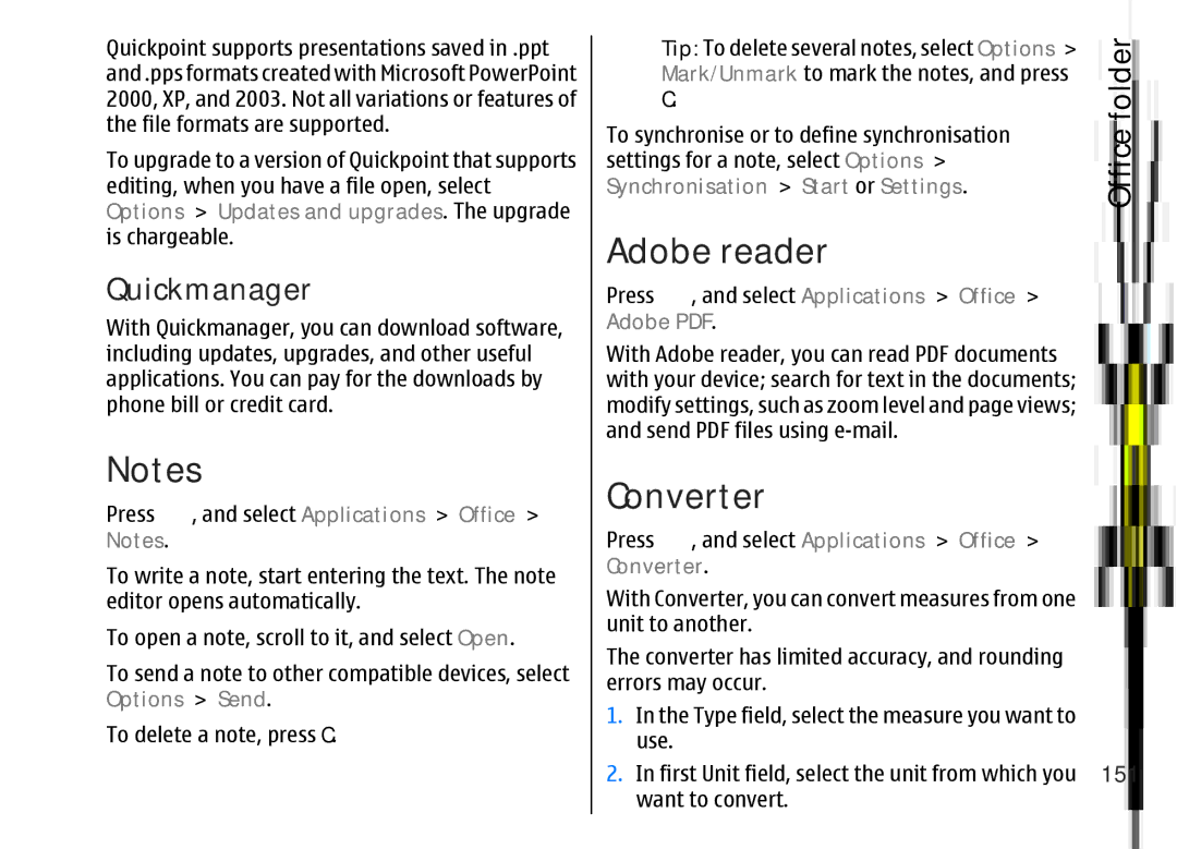 Nokia 002F4W8 manual Adobe reader, Converter, Quickmanager, Office, 151 