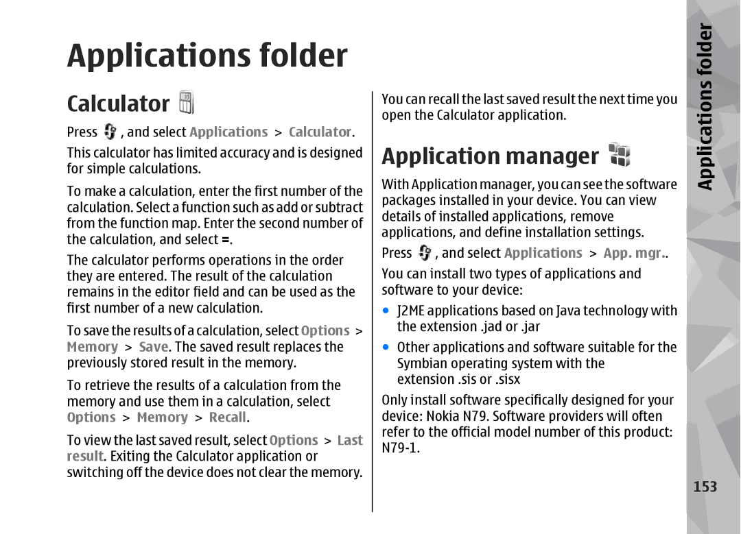 Nokia 002F4W8 manual Applications folder, Calculator, Application manager, 153 