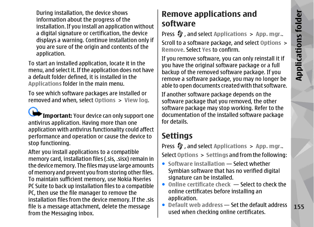 Nokia 002F4W8 manual Remove applications and software, 155 